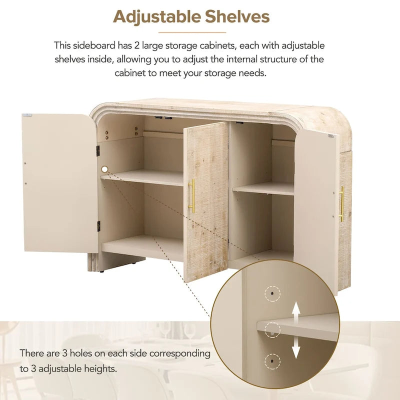 Retro Minimalist Curved Sideboard with Gold Handles and Adjustable Dividers for Living Room or Dining Room