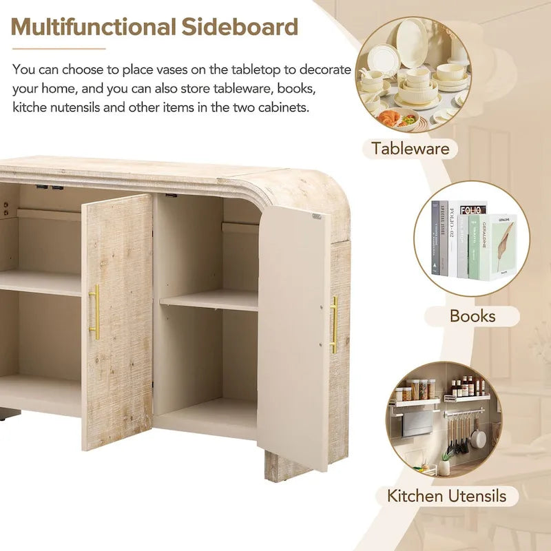 Retro Minimalist Curved Sideboard with Gold Handles and Adjustable Dividers for Living Room or Dining Room