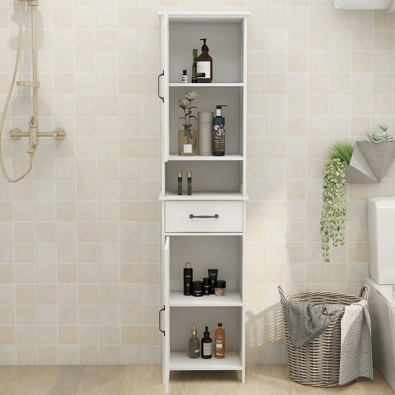 Tall Bathroom Storage Cabinet, Double Door Narrow Height Slim Floor Standing Cabinet