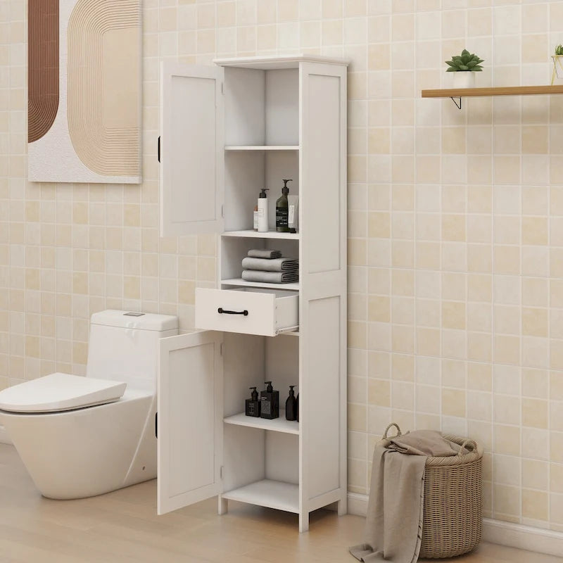Tall Bathroom Storage Cabinet, Double Door Narrow Height Slim Floor Standing Cabinet