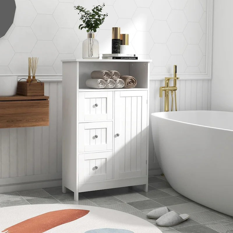 Standing bathroom storage cabinet with 3 drawers and 1 door