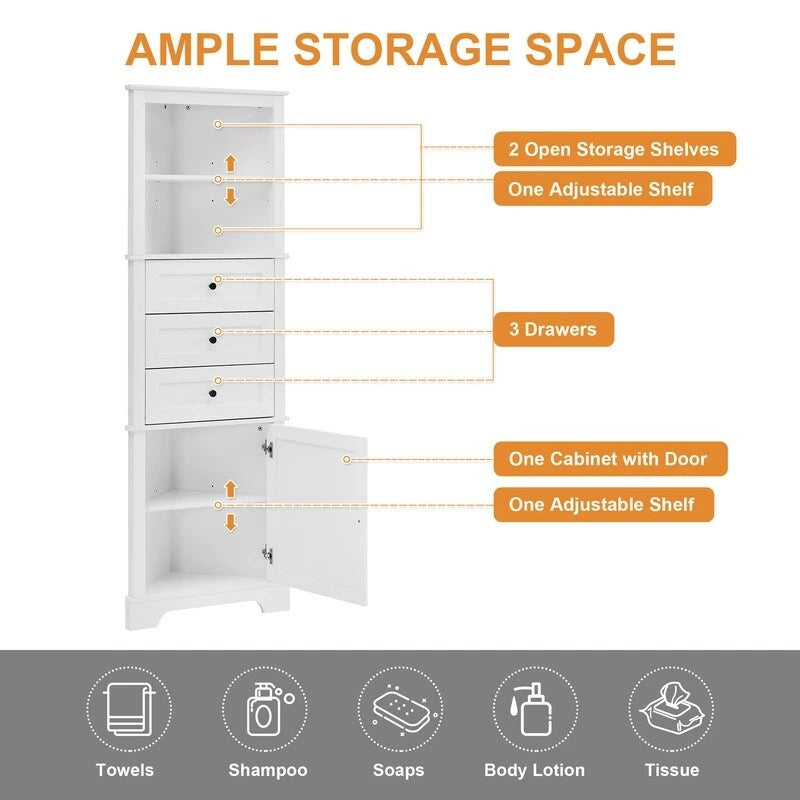 Triangle Tall Bathroom Cabinet with 3 Drawers and Adjustable Shelves