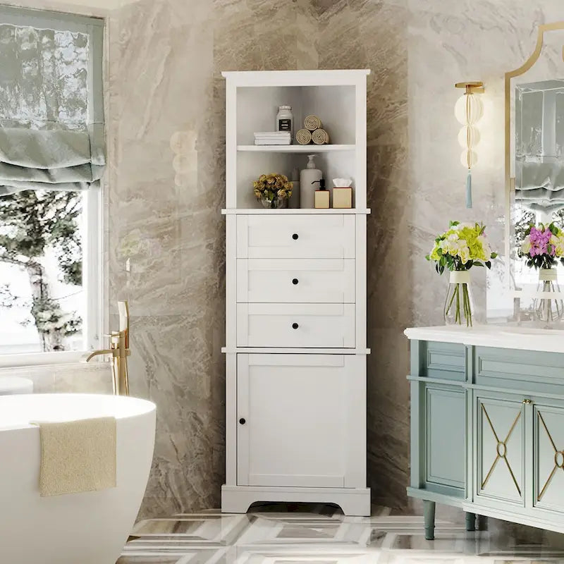 Triangle Tall Cabinet with 3 Drawers and Adjustable Shelves, MDF Board with Painted Finish