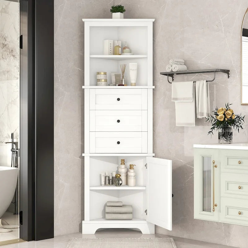 Triangle Tall Cabinet with 3 Drawers and Adjustable Shelves, MDF Board with Painted Finish