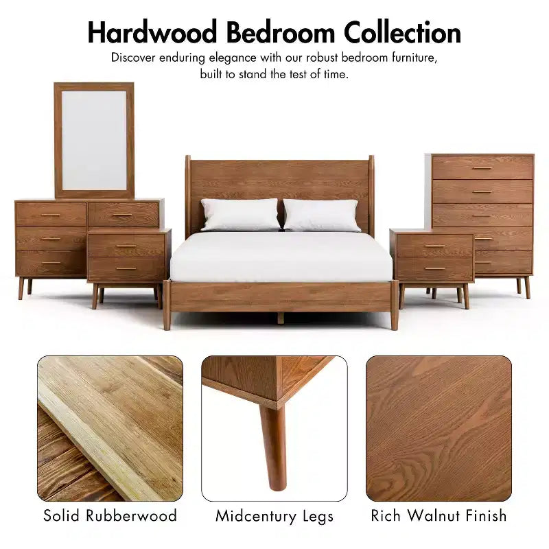 HOMES: Inside + Out Ensemble de chambre à coucher 3 pièces Riverstone Boucle Mid-Century Modern avec 2 tables de chevet Noyer