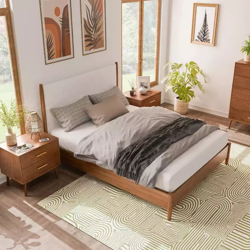 HOMES: Inside + Out Ensemble de chambre à coucher 3 pièces Riverstone Boucle Mid-Century Modern avec 2 tables de chevet Noyer